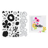 Set of floral stamps  and metal dies, and a greeting card with flowers and 'hello' text on a white background