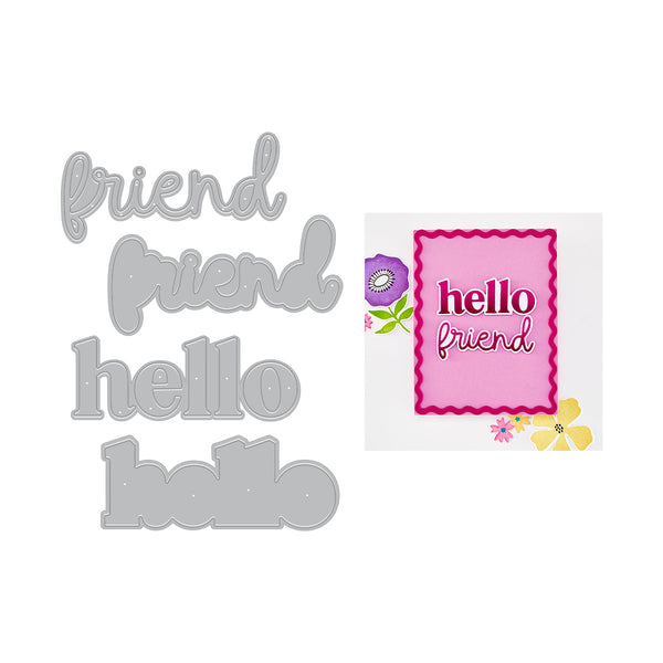 Set of metal dies and a card with 'hello friend' with a pink background.