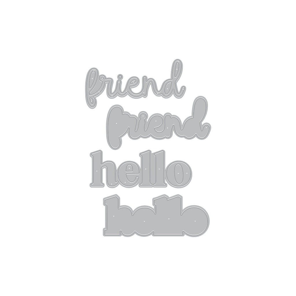 Set of metal dies of words 'friend' and 'hello.'