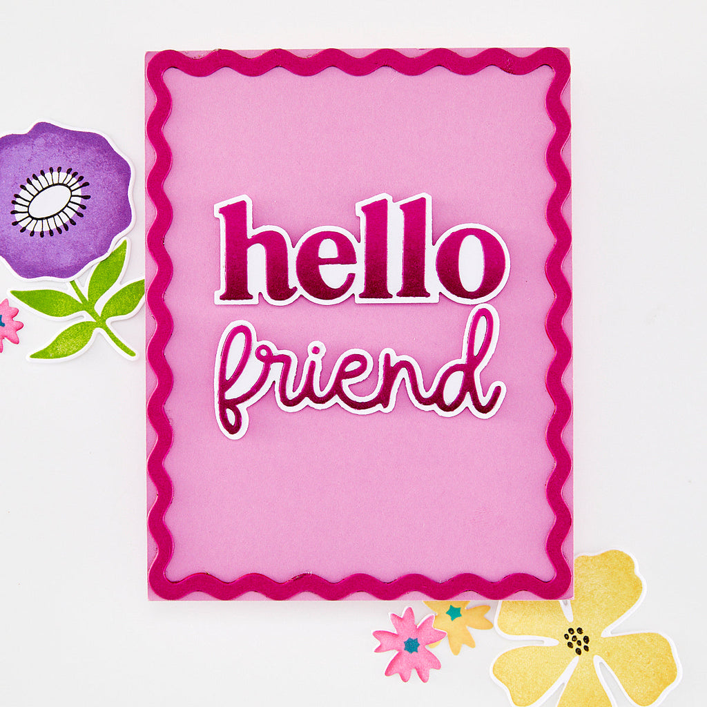 Pink card with 'hello friend' text surrounded by colorful flowers on a white background