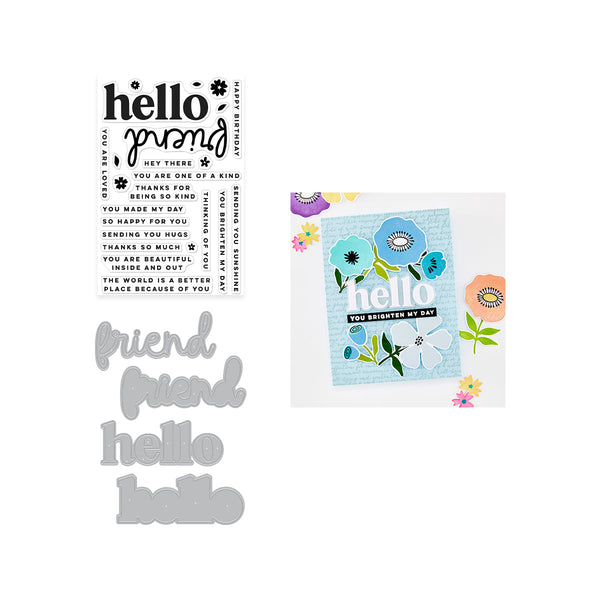 Card with floral design and 'hello friend' text on a white background