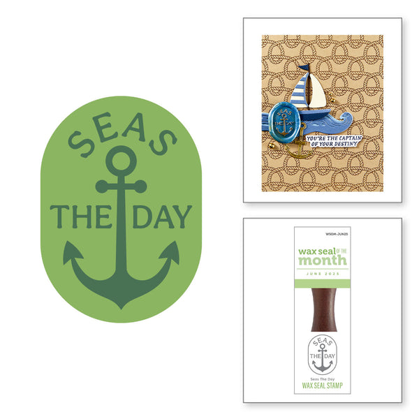 Collection of nautical-themed products including a green wax seal with 'SEAS THE DAY' and an anchor, a card with a sailboat, and a wax seal.