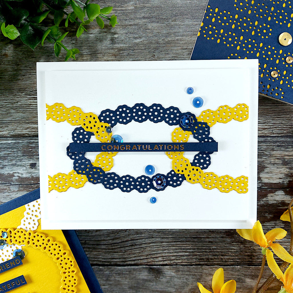 Oval Stitch & Border- Small Die of the Month (DOM-FEB22) small oval blue and yellow card. 
