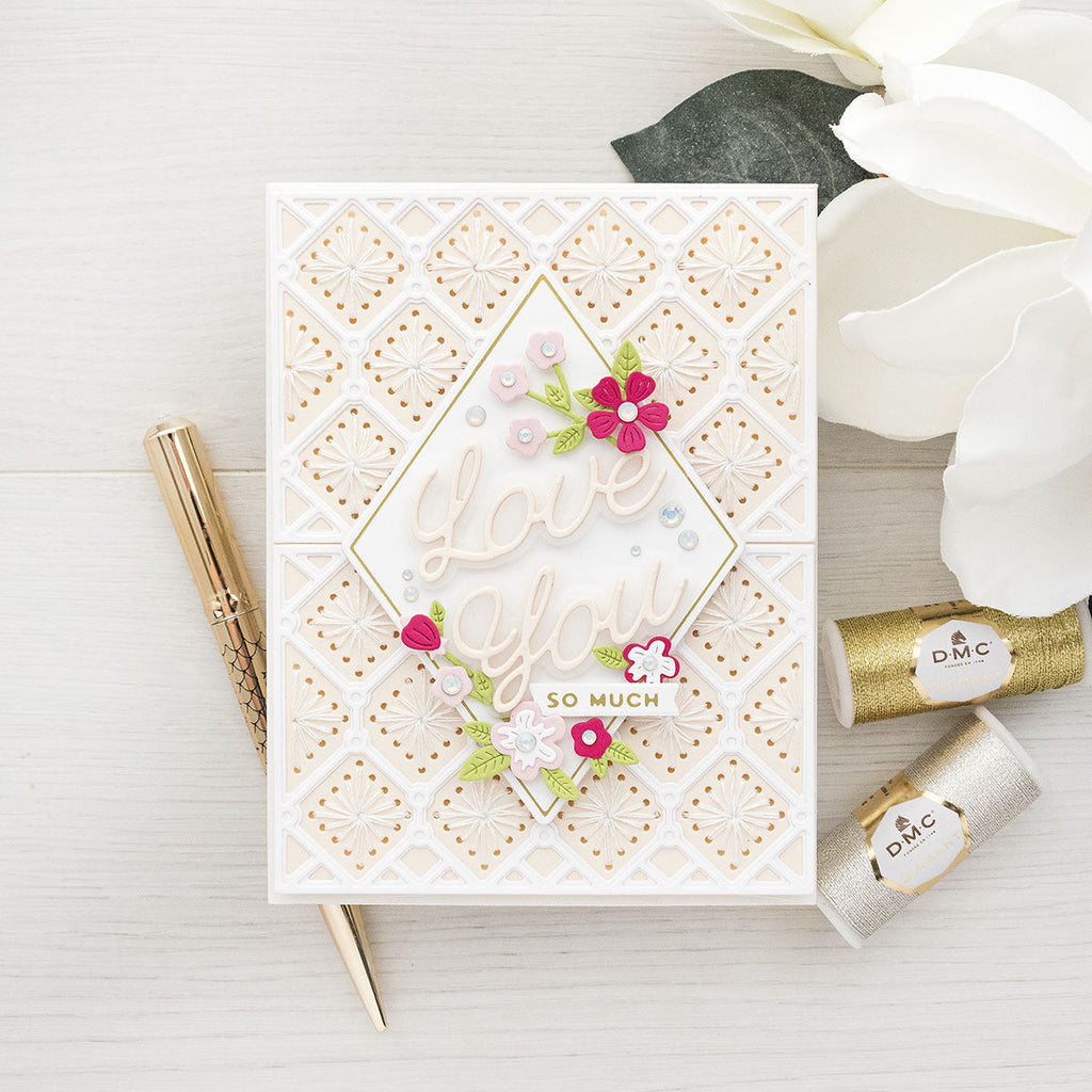 Layered Stitch Background - Large Die of the Month (DOML-DEC21) white and gold project.