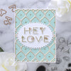 Layered Stitch Background - Large Die of the Month (DOML-DEC21) Hey Love aqua project with color outside the lines card kit of the month. 