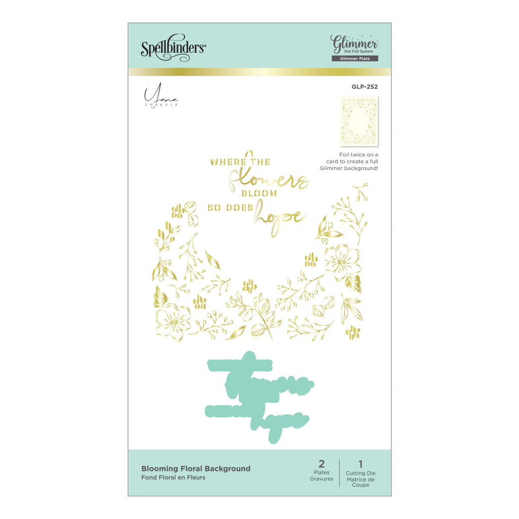 Blooming Floral Background Glimmer Hot Foil Plate & Die Set from Yana's Blooming Birthday Collection (GLP-252) Product Packaging