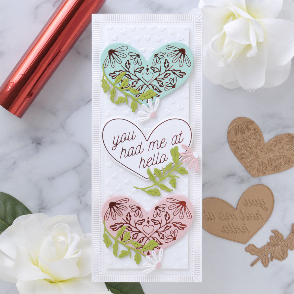 Love Enclosed - Glimmer Hot Foil Kit of the Month (GOM-JAN22) slimline card with three hearts lifestyle project.