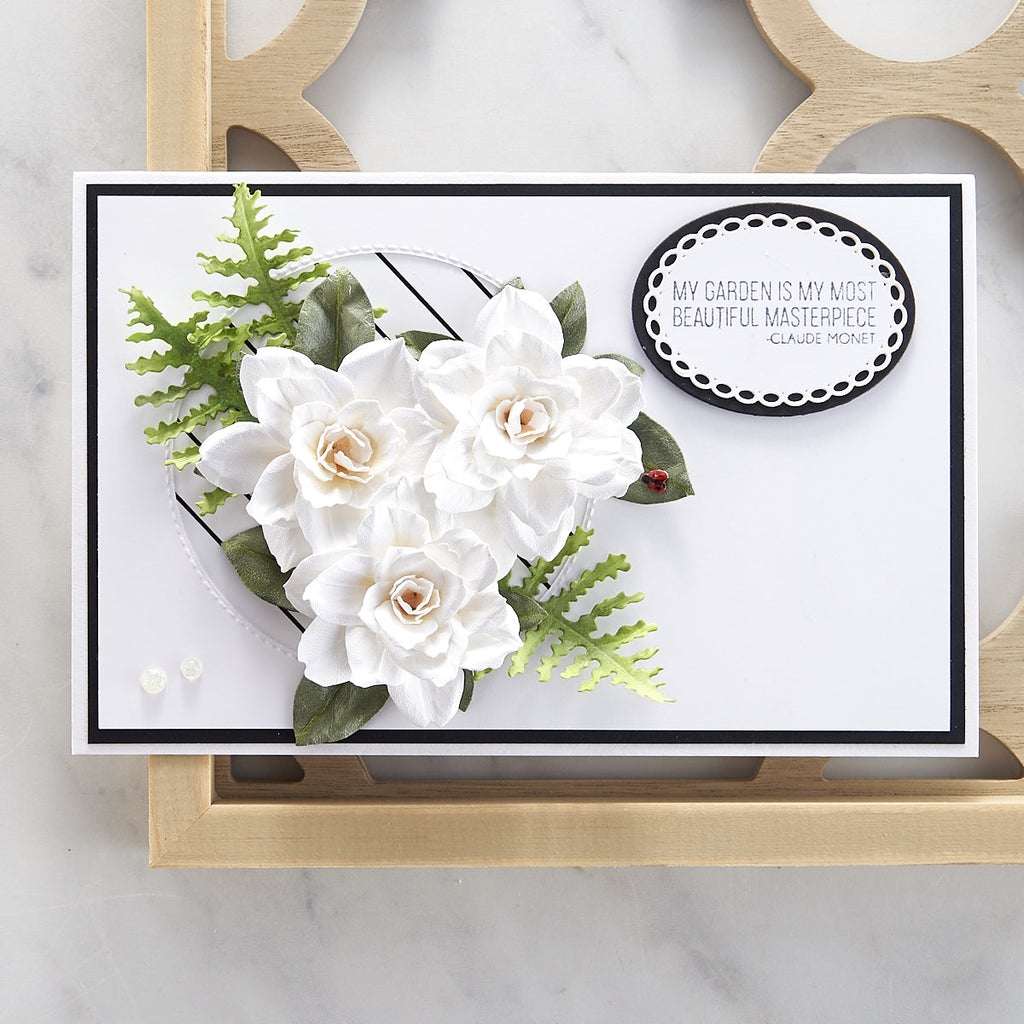 Through the Garden Gate Sentiments Clear Stamp Set from the Through the Garden Gate Collection by Susan Tierney-Cockburn (STP-108) My Garden is my most beautiful masterpiece card with gardenia. 