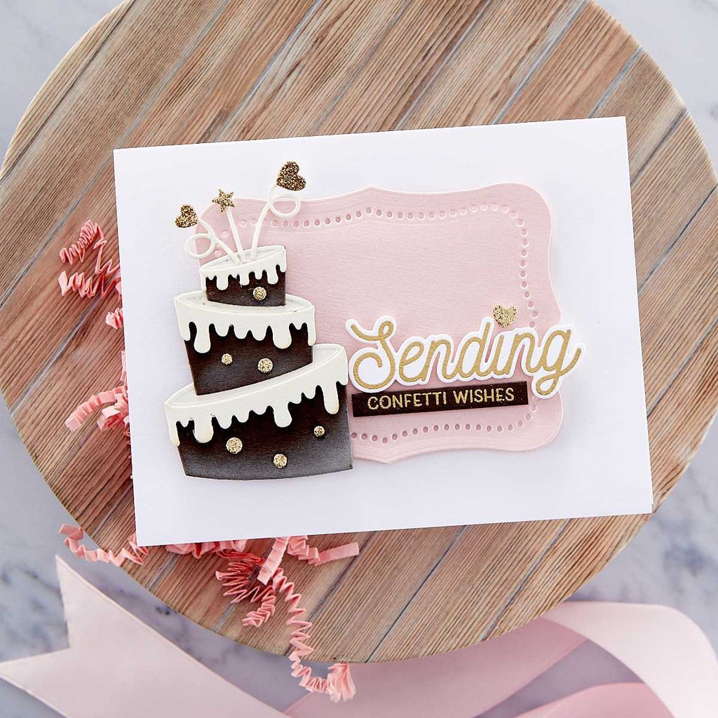 Topsy Turvy Cake Etched Dies from the Birthday Celebrations Collection (S6-195) chocolate cake on pink card. 