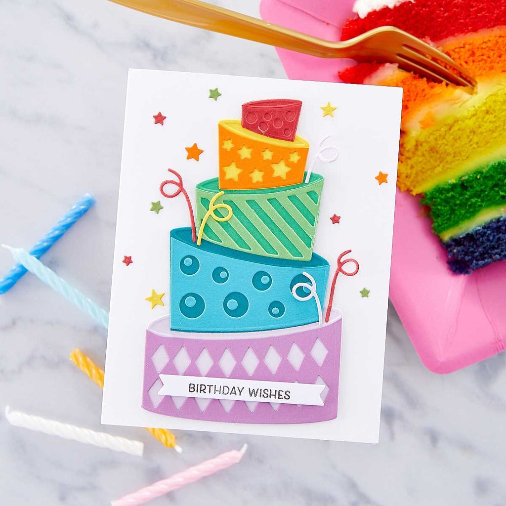Topsy Turvy Cake Etched Dies from the Birthday Celebrations Collection (S6-195) rainbow layered cake. 
