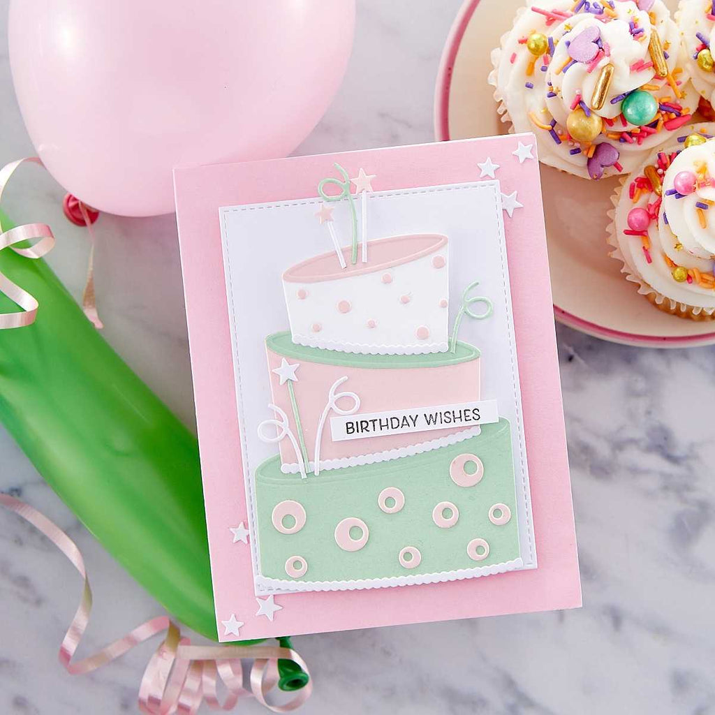 Topsy Turvy Cake Etched Dies from the Birthday Celebrations Collection (S6-195) pink and green cake birday wishes card. 