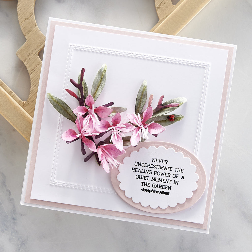 Through the Garden Gate Sentiments Clear Stamp Set from the Through the Garden Gate Collection by Susan Tierney-Cockburn (STP-108) never udnerestimate the healing power of a quiet moment in the garden card with beeblossom. 