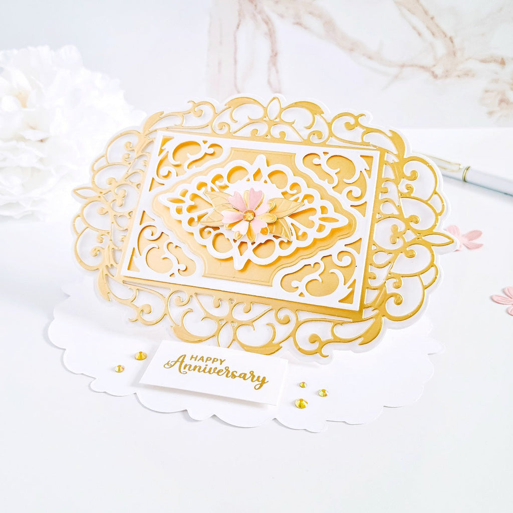 Bella Ovalette - APG Die of the Month (DOMAPG-MAR22) gold and white card by Yaz Diaz. 
